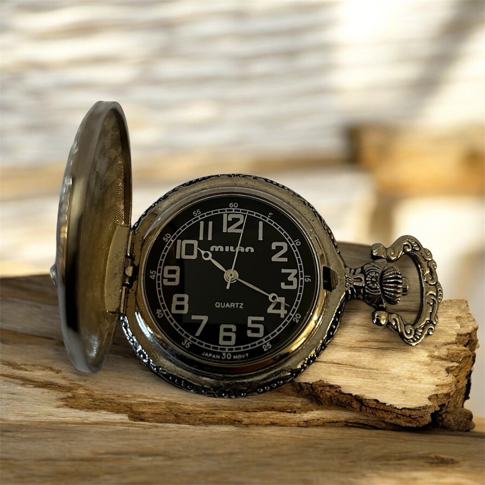 Milan Quartz Pocket Watch Hunting Dogs Design Black Dial Japan Movt 2.5″